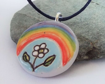 Ceramic Pottery Rainbow Pendant Necklace, Rainbow Jewelry, Spiritual Jewelry, Hippy Pendant, Nature Jewelry, Rainbow Gift