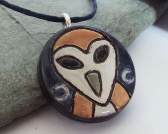 Ceramic Barn Owl Moon Pendant, Owl Jewelry, Bird Jewelry, Owl Gift, Triple Moon, Moon Goddess, Owl Totem, Goddess Gift, British Wildlife