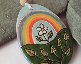 Ceramic Pottery Rainbow Decoration, Art Tile,  Rainbow Decor, Rainbow Pottery, Oval Tile, Rainbow Gift, Ceramic Wall Art, Small Space Decor