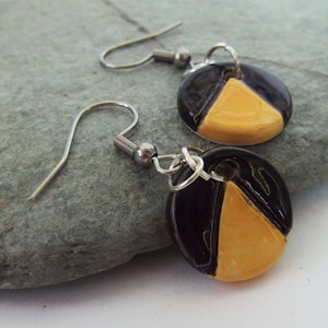 Ceramic Pottery Geometric Earrings, Mustard and Black Earrings, Geometric Jewellery, Artisan Earrings, Drop Earrings, Dangle Earrings