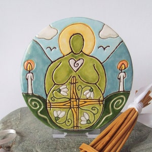 Ceramic Pottery Brigit's Cross Art Tile With Stand, Imbolc, Pagan Altar, Altar Tile, Celtic Goddess, Goddess Gift, Brigid, Brid, Brighid