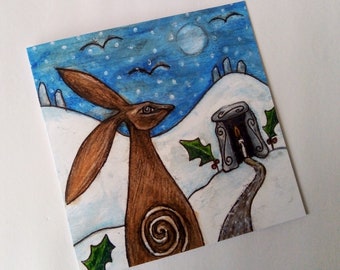 Winter Hare Greeting Card, Moongazing Hare Card, Pagan Greeting Card, Yule Card,  Printed Art Card, Eco Card, Christmas Card