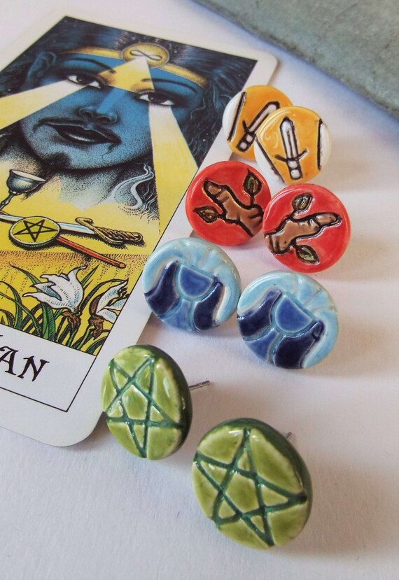 Tarot Elements Stud Earring Set, Post Earrings, Tarot Earrings, Tarot Swords, Tarot Cups, Tarot Wands, Tarot Pentacles, Surgical Steel Posts