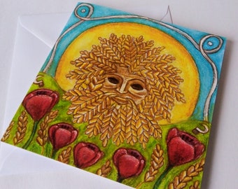First Harvest Greeting Card, Lughnasadh Card, Pagan Greeting Card, Wiccan Card,  Printed Art Card, John Barleycorn, Grain God, Lammas Card
