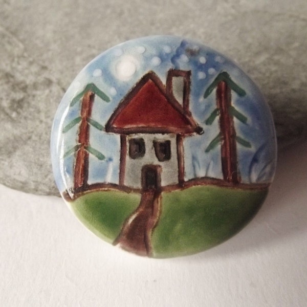 Ceramic Pottery Woodland Cottage Brooch Pin, Ceramic House, Ceramic Jewelry, Woodland Jewellery, Witch's Cottage Brooch Pin, Moonlight