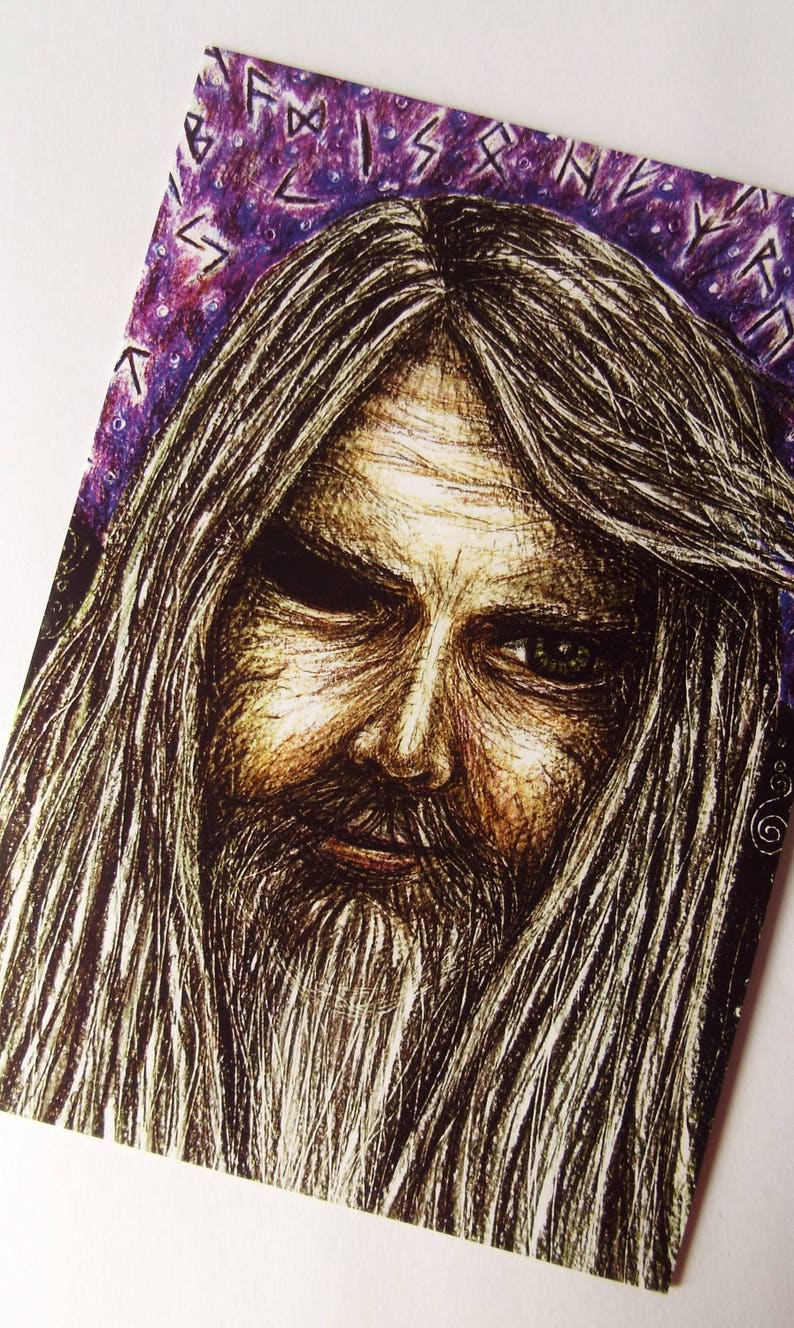 May include: A black and white drawing of a man with long, flowing hair and a beard. He has a serious expression on his face and is surrounded by runes.