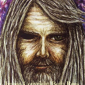 May include: A black and white drawing of a man with long, flowing white hair and a beard. He has a serious expression on his face and one eye is closed. The background is a purple color with white runes.