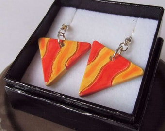 Ceramic Pottery Triangle Earrings, Fire Earrings, Red Jewellery, Wearable Art, Triangle Jewelry, Dangle Earrings, Yellow Stripe, Orange