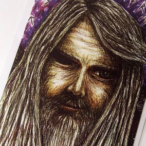 May include: A black and white drawing of a man with long, flowing hair and a beard. He has a serious expression on his face and is looking directly at the viewer. The background is a purple and white pattern with runes.