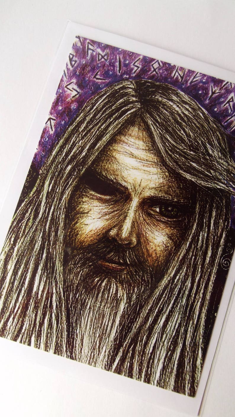 May include: A black and white drawing of a man with long, flowing hair and a beard. He has a serious expression on his face and is looking directly at the viewer. The background is a purple and white pattern with runes.