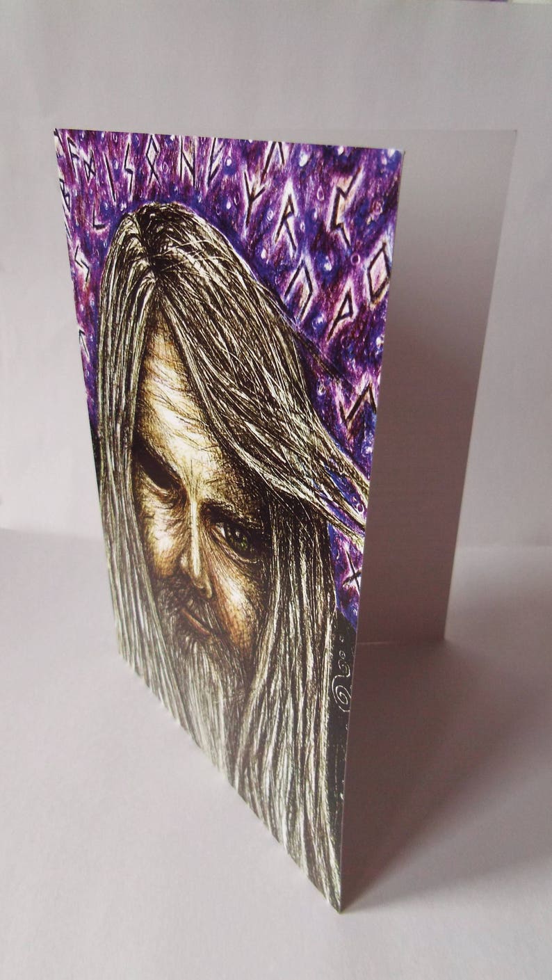 May include: A black and white drawing of a person with long, flowing hair. The person has a beard and a serious expression. The background is a purple and white pattern with runes.