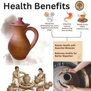 Puede incluir: Una jarra de arcilla de color terracota con tapa y asa. La imagen incluye texto sobre los beneficios para la salud, los minerales y las propiedades alcalinas. La jarra está hecha de arcilla natural.