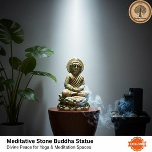 Puede incluir: Una estatua de Buda de piedra en posición de meditación sentado. La estatua es beige con detalles en rojo y naranja. La estatua está sobre un soporte de madera marrón. La imagen incluye el texto "Meditative Stone Buddha Statue" y "Divine Peace for Yoga & Meditation Spaces."