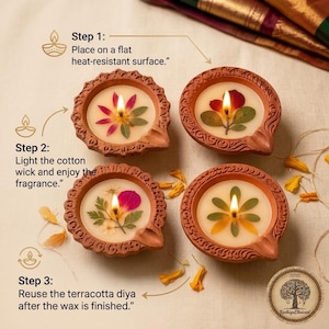 Terracotta Satti Diya Candle • Pressed Flower Soy Wax Agal Vilakku (Diwali Decor)