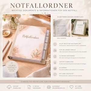 May include: A beige binder labeled Notfallordner with a floral watercolor design, featuring internal tabbed dividers. The image includes text overlays detailing features like A4 format, 12 pages, and additional color options in gray marble and sage.
