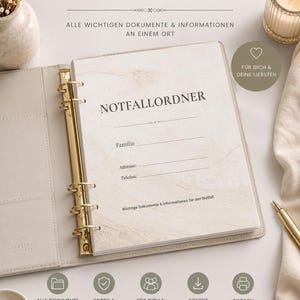 Könnte beinhalten: Ein beiger Ringordner mit der Aufschrift NOTFALLORDNER und goldfarbenen Metallringen. Das Deckblatt enthält Felder für Familie, Adresse und Telefon. Unter dem Ordner befinden sich fünf kreisförmige Symbole mit dem Text: Alle Dokumente an einem Ort, Sorge & Sicherheit, Für dich & deine Liebsten, Sofort verfügbar und Einfach ausdrucken.