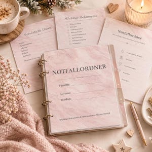 May include: A pink marble-patterned emergency binder titled Notfallordner with matching document sheets labelled Persoenliche Daten, Wichtige Dokumente, and Notfallordner. The binder features metal rings and includes fields for family contact information.