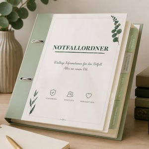 May include: A sage green ring binder labeled NOTFALLORDNER with the subtitle Wichtige Informationen für den Notfall Alles an einem Ort. The cover features botanical illustrations, three icons labeled VORSORGEN, SCHÜTZEN, BERUHIGT SEIN, and includes several labeled tabbed dividers.