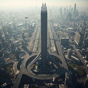 Puede incluir: Vista aérea de una ciudad futurista con un rascacielos alto y esbelto en el centro. El edificio tiene un diseño de aguja único. Una extensa infraestructura de autopistas rodea la torre, con múltiples niveles de carreteras y pasos elevados. El paisaje urbano es brumoso.