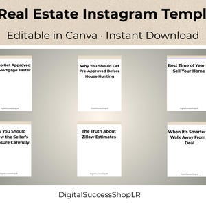 Puede incluir: Imagen promocional para 100 plantillas de Instagram de bienes raíces. La imagen presenta una cuadrícula de seis tarjetas blancas con texto como "Cómo obtener la aprobación más rápido para una hipoteca" y "Mejor época del año para vender su casa". También está presente el texto "Editable en Canva • Descarga instantánea".