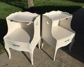 LOVELY LEGS Lovely Pair Of Soft Blue And White Wood Louis XV French Nightstands Side Cut Out Handles Single Clean Drawers