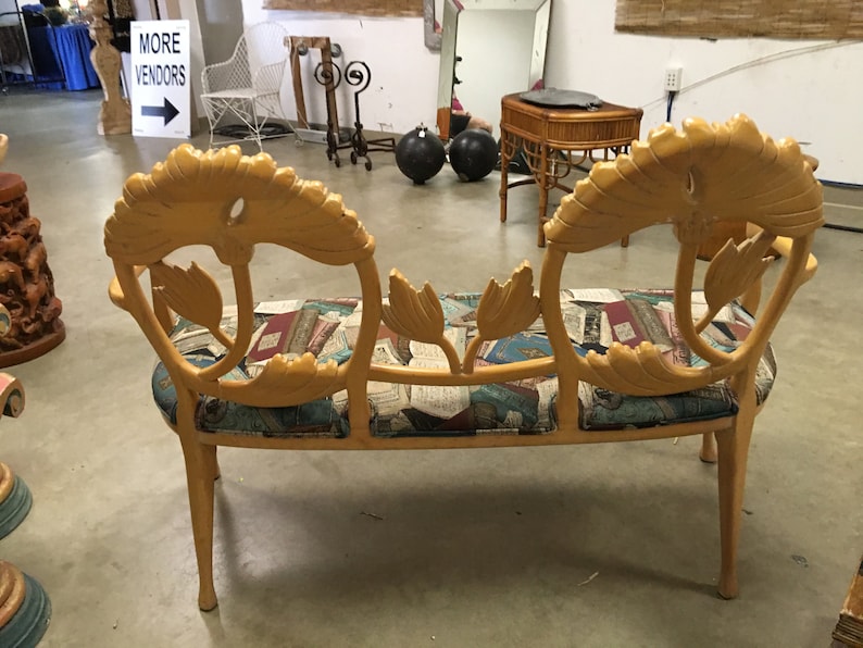 FLOWER 2 FLOWER POWER Lily Flower Bench Carved Wood Bench Phyllis Morris Style Hollywood Regency