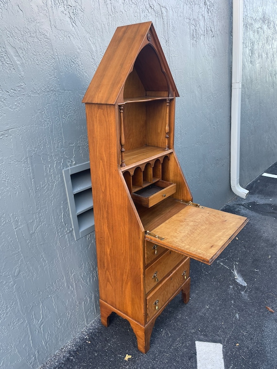 Custom Pointed Birds Eye Maple Secretary With Bookshelf Cubbies