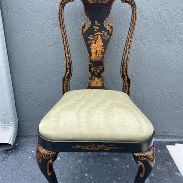 Vintage Hand Painted Queen Anne Chinoiserie Desk Chair Clean Moire Upholstery