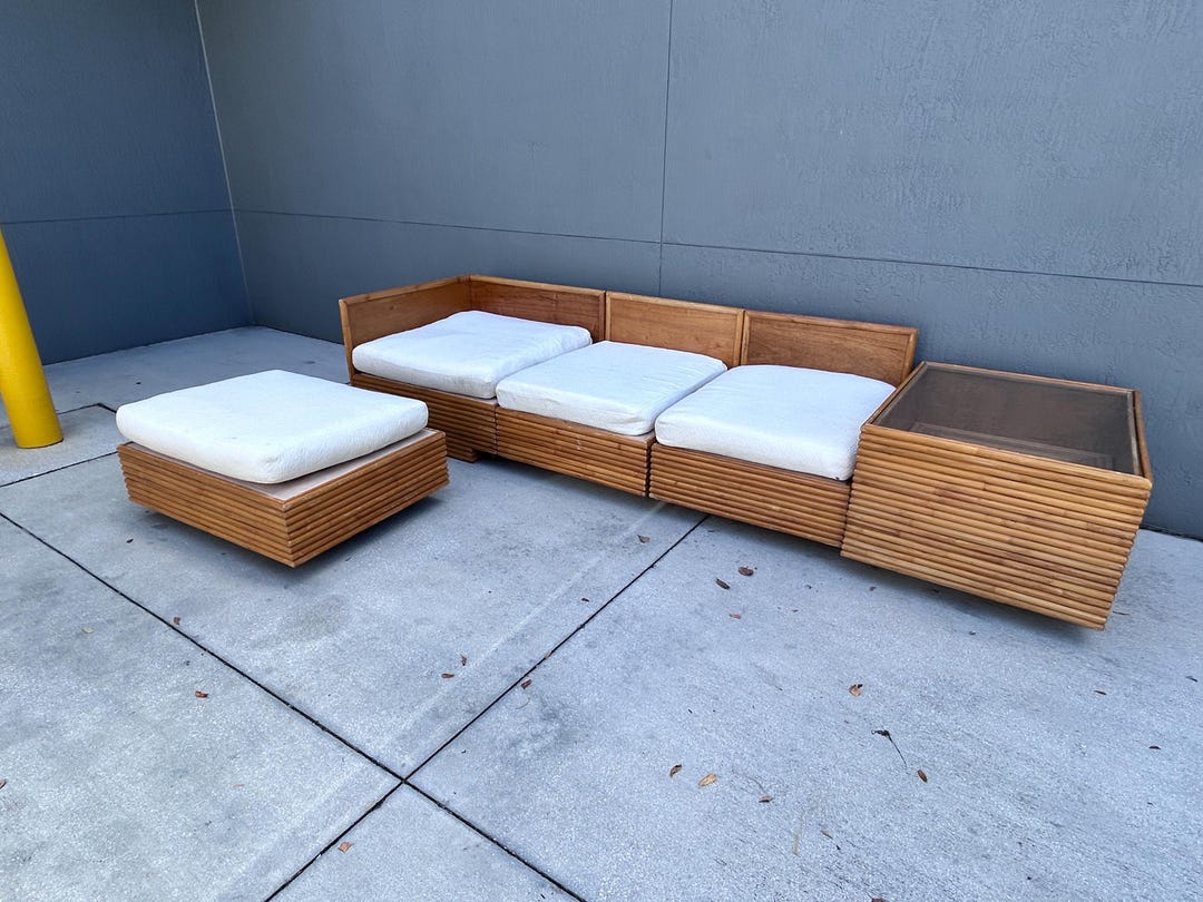 Modular Rattan Reed Floating Sectional With Large Ottoman and Glass ...