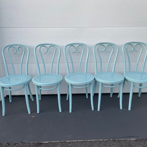 Set Of 5 Blue Cane Bent Wood Dining Chairs / Thonet Style / Mid Century