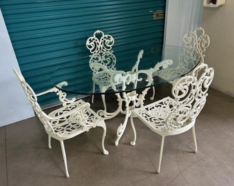 Mid Century Ornate Romantic Off White 5 Piece Patio Set