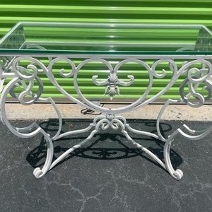 Vintage Louis XV White Wrought Iron Serpentine Console With Acanthus Detailing Glass Top