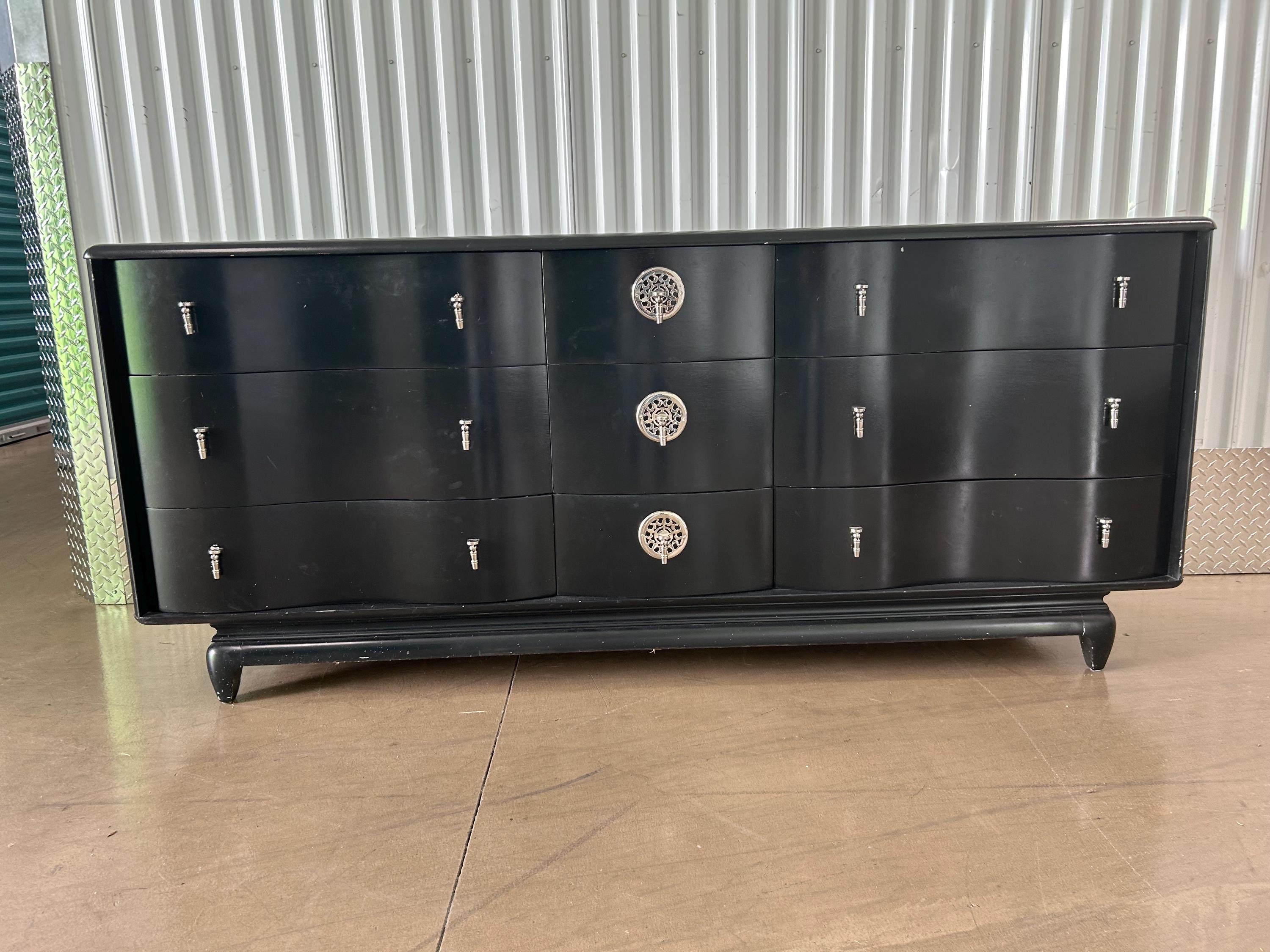 Kent Coffey 'The Penthouse' Collection For Modernage Ebonized Wood And Heavy Chrome Serpentine Wave Dresser 1960s