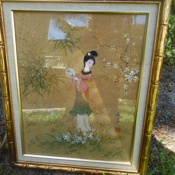 IN THE GARDEN / Original Chinese Painting Of Asian Woman In The Garden / Signed And Stamped / Gold Leaf Cork / Gilded Faux Bamboo Frame