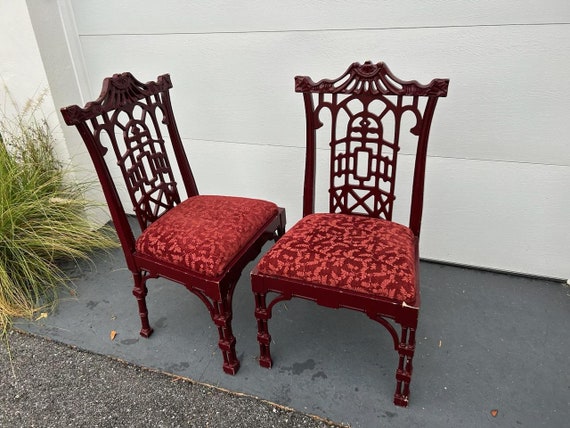 Set Of 2 Vintage Pagoda Fretwork Faux Bamboo Dining Chairs