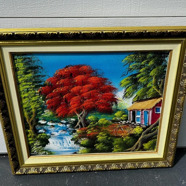 Signed And Framed Haitian Royal Poinciana Tree Painting Highwayman Style