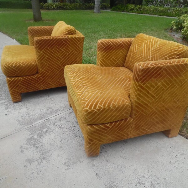On Hold Kate COGNAC CUBED CLUBS / Pair Of Very Modern Low Lying (Seat Height 16 1/2) Parsons Style Club / Lounge Chairs / Modern Decor