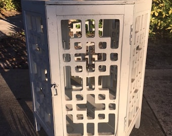 A SHABBY CABBY / Very Shabby Geometric Fretwork Side Cabinet / Door That Opens / Repaint Or Use 'As Is'