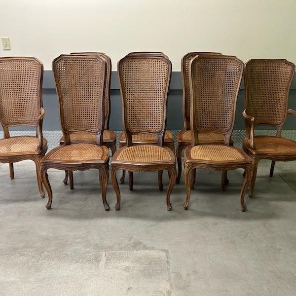 Vintage Set Of 8 Double Cane High Back French Style Dining Chairs Stamped Italy