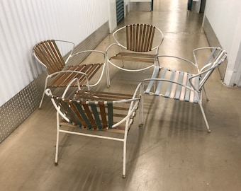 Unique Set Of 4 Mid Century Modern Metal Patio Chairs With Strapping / Rare Italian Patio Chairs / Needs A Redo