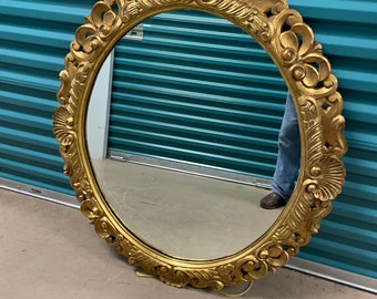 Vintage Round Solid Wood Seashell Gilt Wood Mirror Marked Italy