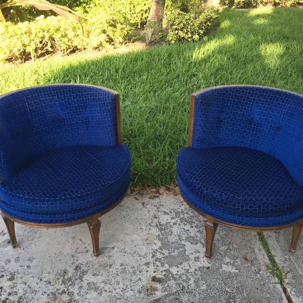 TWO FABULOUS! Pair Of Regency Barrel Chairs / Single Front Leg / Can Be Pushed Together As A Tete A Tete / Hollywood Regency