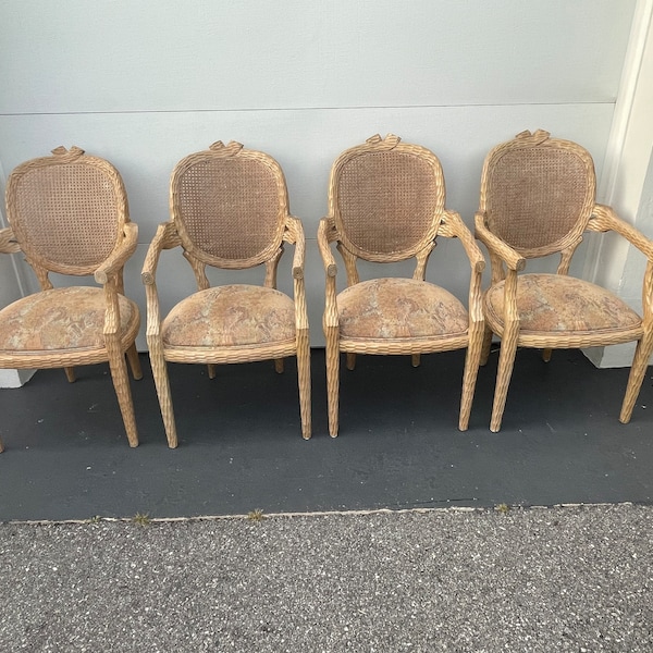 Vintage Kreiss Incredibly Carved Cane Faux Bois Set of 4 Dining Chairs Clean Upholstery