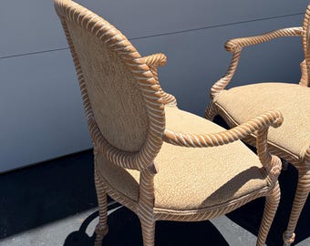 Pair Light Wood Rope Tassel Arm Chairs