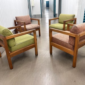 PAIR Mid Century Solid Wood Cube Shape Upholstered Lounge Chairs 2 PAIRS AVAILABLE
