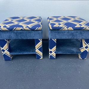 Pair Of Wood Upholstered Parson Style Ottomans With Under Shelf
