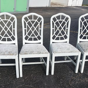 Set Of 4 True White Hickory Geometric Fretwork Dining Side Chairs