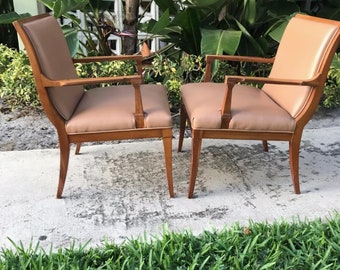 Pair Of Stow Davis Model 41A 1960's Greek Key Sculptural Armchairs / Mid Century Carved Walnut Chairs / Italian Regency Design