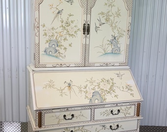 Vintage Chinoiserie Cream Color Hand Painted Secretary