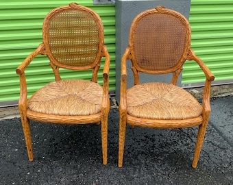 Pair Of Carved Wood Faux Bois Chairs With Rush Seat
